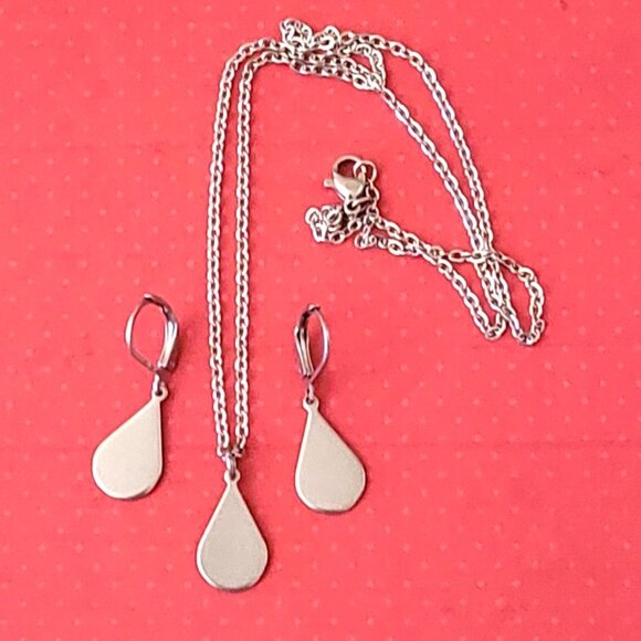 TEARDROP Stainless Steel Charm Chain Necklace 18" Earrings SET - Picture 3 of 16